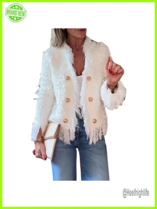 Fringe Cropped Blazer Jacket Tweed Cable Knit Open Front Lightweight Suit