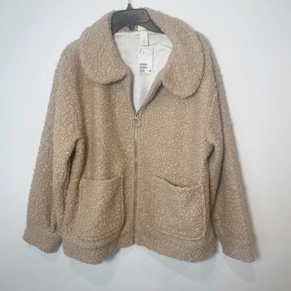 H&M Womens Long Sleeve‎ Fleece Full Zip Sherpa Jacket Brown M Pockets Teddy Bear