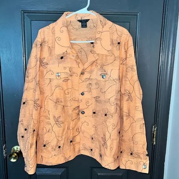 100% silk SilkLand Orange Floral Jean Jacket 2xl