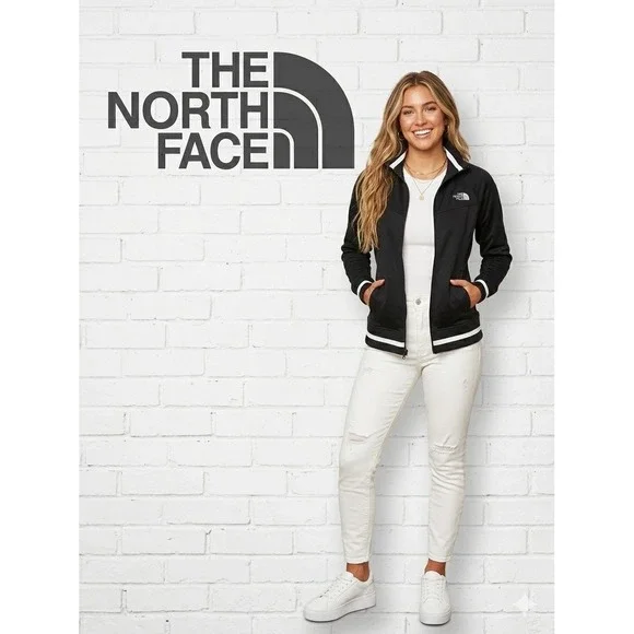 The North Face Womens Black Full Zip Track Jacket White Stripe Ribbed Trim Small