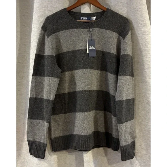 Polo Ralph Lauren Men's SZ Large Elbow-Patch Gray‎ Stripe Wool Cashmere Sweater