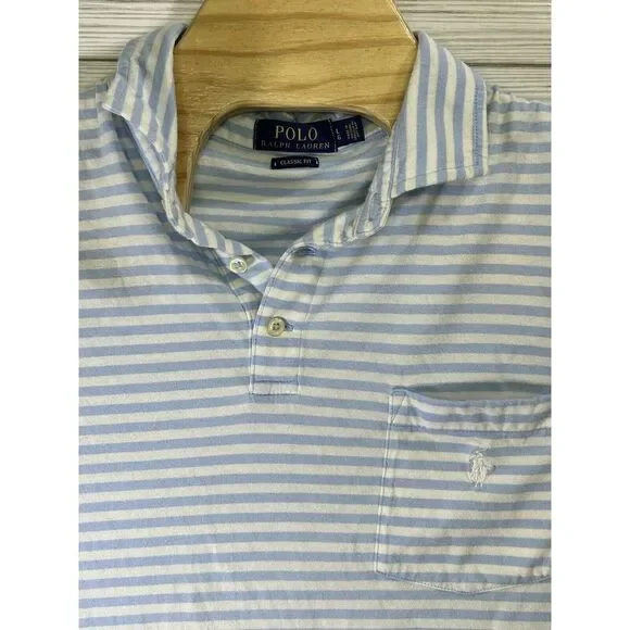 Polo Sport Ralph Lauren Golf Polo Shirt White Light Blue Stripe Logo Men's Sz Lg