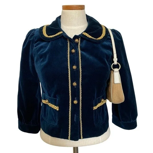 VTG Cynthia Steffe Velvet Renaissance Cropped Blazer Women 8 Blue Royal Medieval