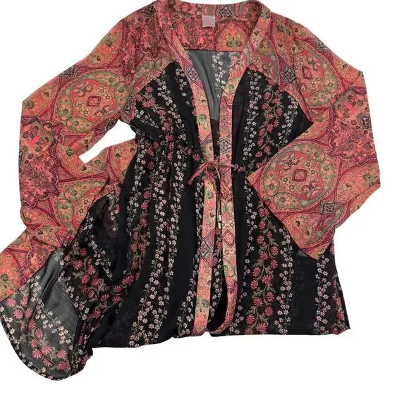 No Boundaries Paisley Floral Boho Hippie Long Semi-Sheer Kimono Women's SZ L/XL