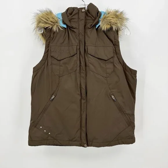 Columbia Puffer Vest Down Faux Fur Trim Hood Brown Blue L Gorpcore Outdoor Cabin
