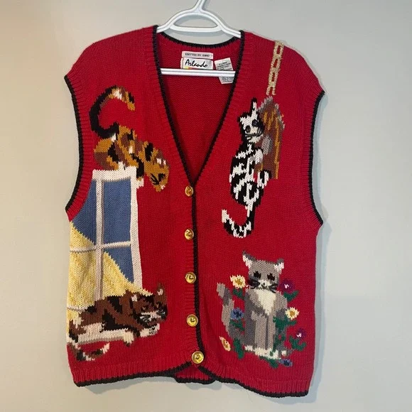 Vintage‎ Cat Vest Sweater Women's XL Hand Knit Gold Button Front Red Arlando 80s
