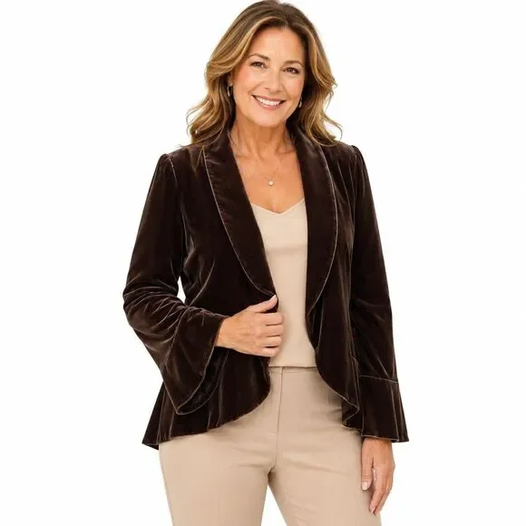 Ann Taylor LOFT Blazer Womens Petite 10P Brown Velvet Shawl Collar Jacket