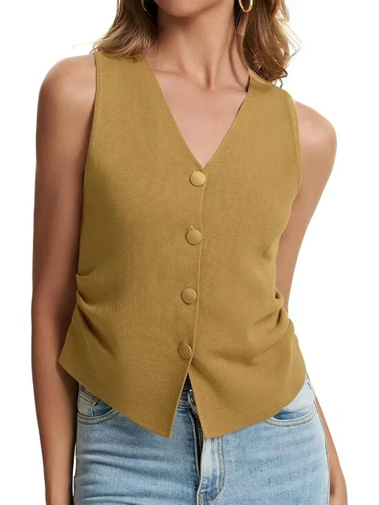 Women's Khaki Sleeveless Button Up Knit Imported Casual Sweater Vest Tank Tops