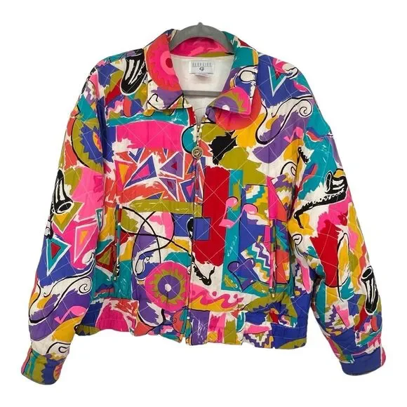 Vintage Georgiou Neon 90s Music Theme Silk Jacket Womens 10