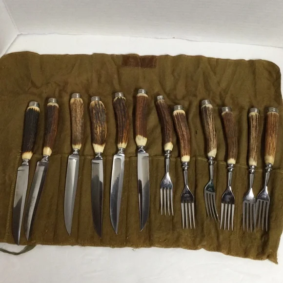 Vintage Stag Horn Flatware Antler Handle Steak Knife & Fork Set 12 Rustic Brown