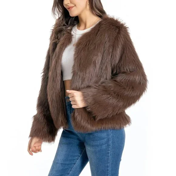 Plus Size Faux Fur Coat Winter Jacket Fluffy Long Sleeve with Pockets