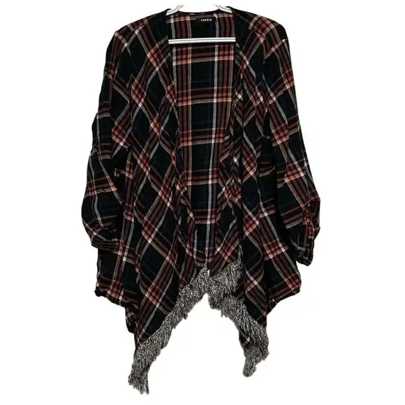 Torrid Women's‎ Flannel Black Rust Plaid Fall Fringe 3/4 Sleeve Wrap Size 2 Med