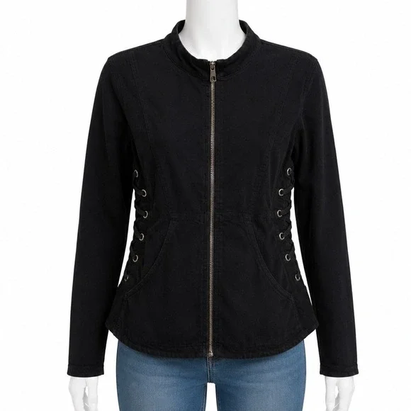 XCVI Wearables Utility Jacket Moto Lace Up Womens Cotton Black Zip Stretch Large