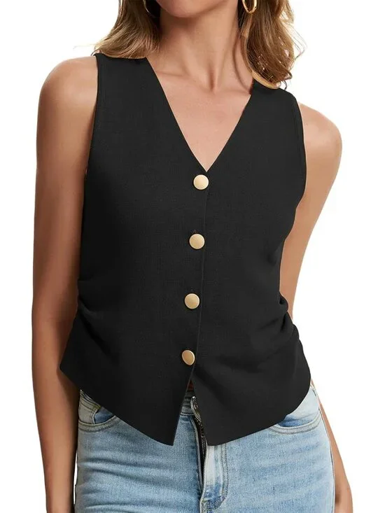 Women's Black Sleeveless Button Up Knit Imported Casual Sweater Vest Tank Tops