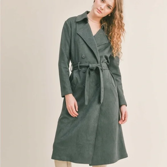 NWT Sage Green Trench Coat, Sadie &‎ Sage, faux Suede, So Soft!