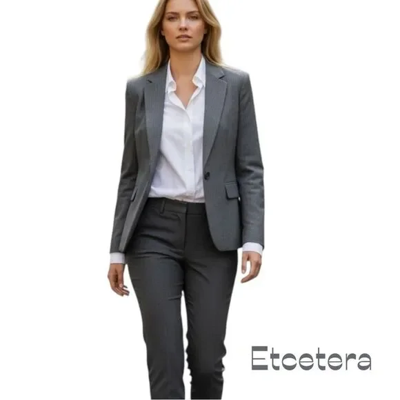 Anthropologie Etcetera Gray White Pinstriped Academia Blazer Jacket Size 4