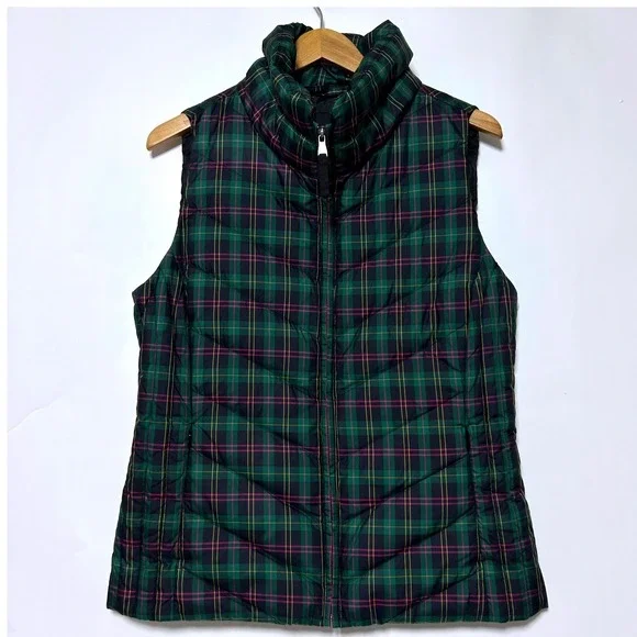 New Talbots Puffer Vest Womens‎ M Green Plaid Down Filled Moc neck Tartan Preppy