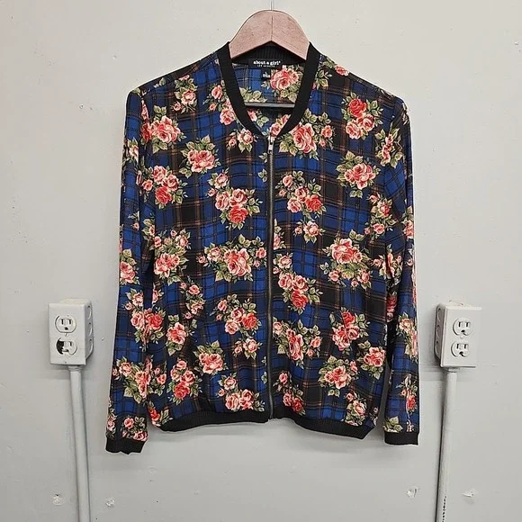 About a Girl Floral Bomber Jacket‎ Plaid Print Lightweight Coat Size L