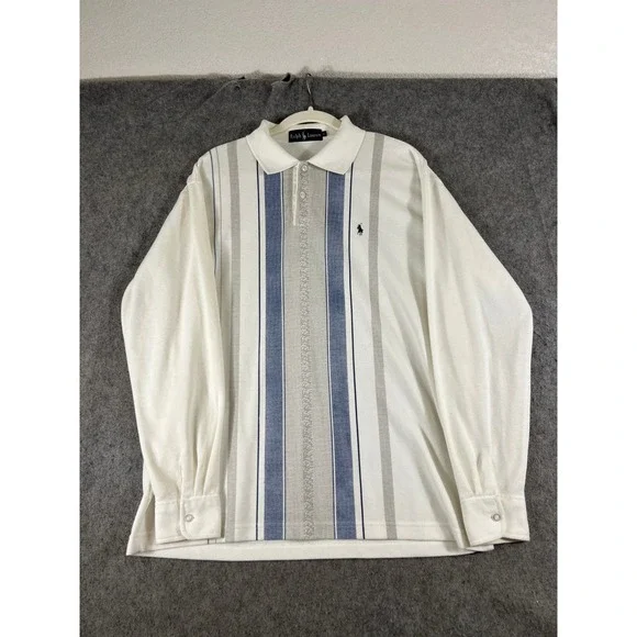 VTG 80s Ralph Lauren Polo Rugby Shirt Mens XL White Blue Striped Cotton Italian