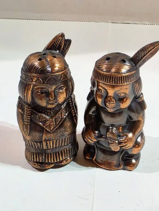 Vintage Copper Finished Native American Boy and Girl Salt and Pepper Shaker Set