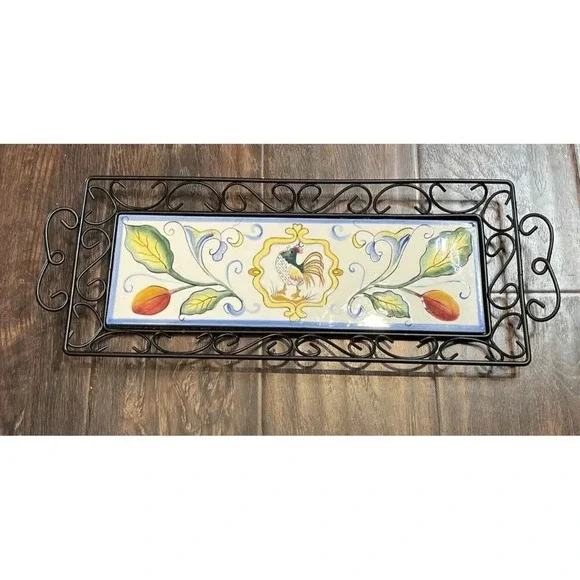 Fitz & Floyd Ricamo‎ Rooster Tile Wire Bread Tray Appetizer Serving Centerpiece