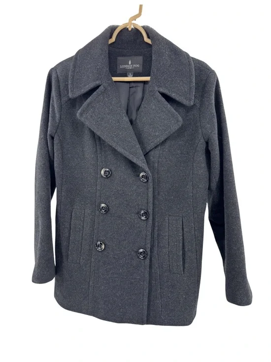 London Fog Women's Dark Charcoal Pea Coat L wool blend winter outdoors neutral