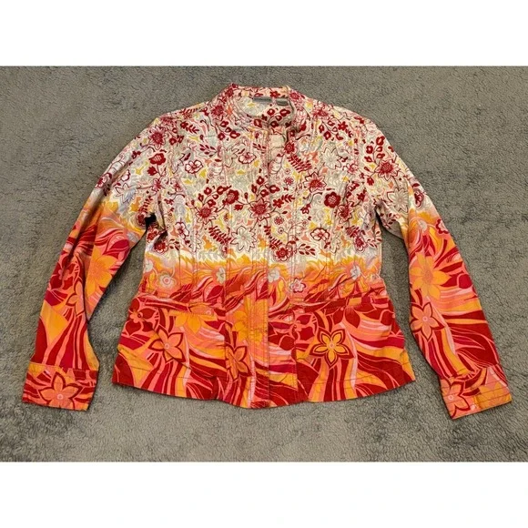 Chicos Jacket Size 2 Full Zip Floral Coral Ombre Casual Shacket