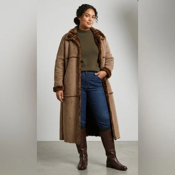 Jones New York Penny Lane Faux Suede‎ Fur Lined Sherpa Trench Maxi Coat Size 2X