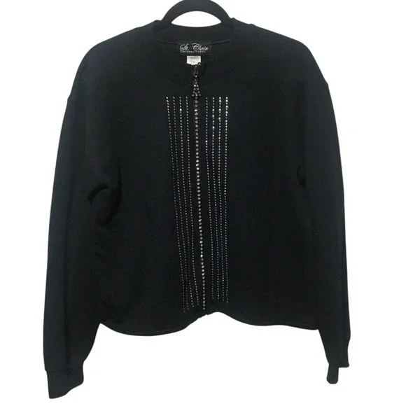 Y2k Jacket Bedazzled Cardigan Rhinestone‎ Zip Up Retro Euphoria Black