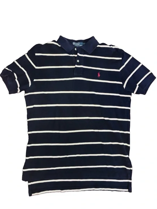 Ralph Lauren Navy & White Striped Polo Shirt with Pink Logo Size Medium