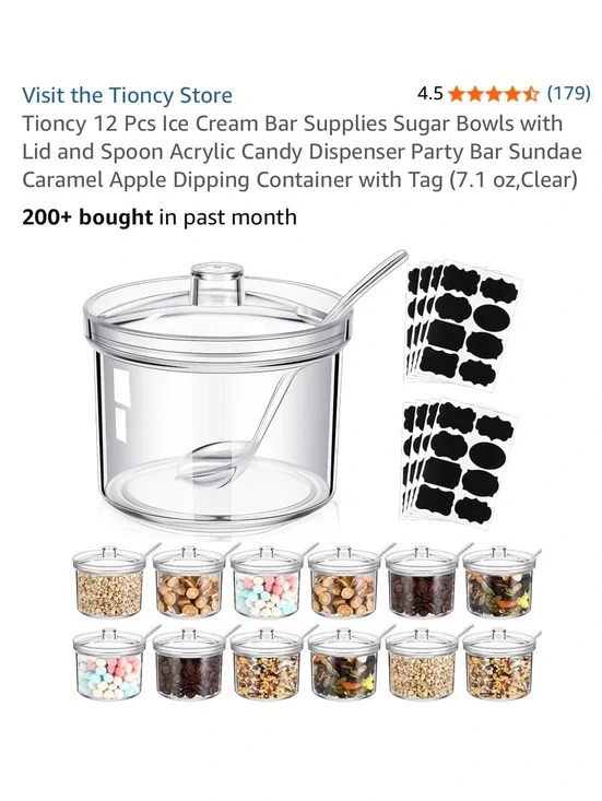 Tioncy 12 Pcs Ice Cream Bar Supplies w/Lid and Spoon Acrylic Dispenser  7.1 oz