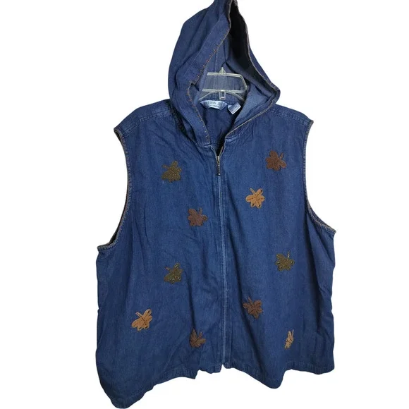 3546) Vtg Victoria Jones Women Y2K Zip Front Autumn Hooded Denim Vest Plus 3X