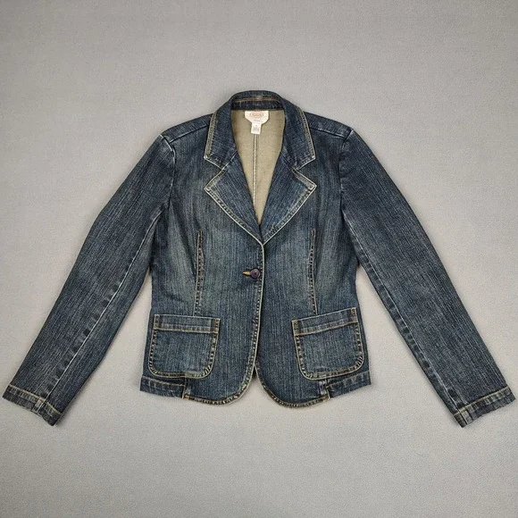 Talbots Denim Jean Jacket Women 6 Dark Blue Stretch Single Button Classy Casual‎