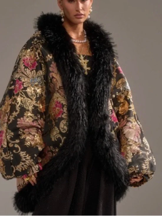 AKIRA Black Brocade Floral Puffer Jacket with Faux Fur Trim