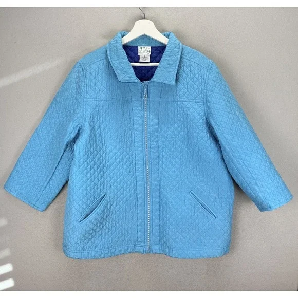 Quacker Factory Jacket Women's Sz XL Blue Silk Quilted Rhinestones‎ Coat Pockets