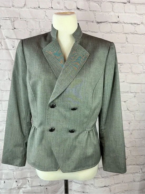 Tahari ASL Gray Double-Breasted Blazer suit jacket women 10 office peplum
