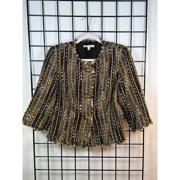 Cabi Paris Wool Blend Boucle Tweed Fringe Blazer Jacket Womens Brown S Boho‎