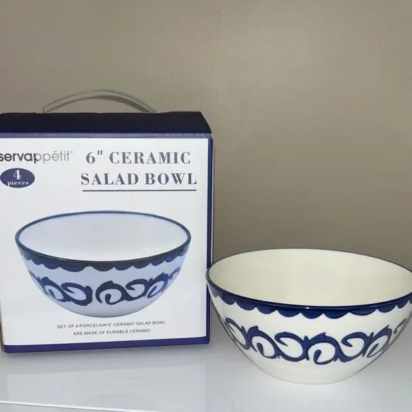 Servappetit Set Of 4 Porcelain 6”Ceramic Salad Bowls