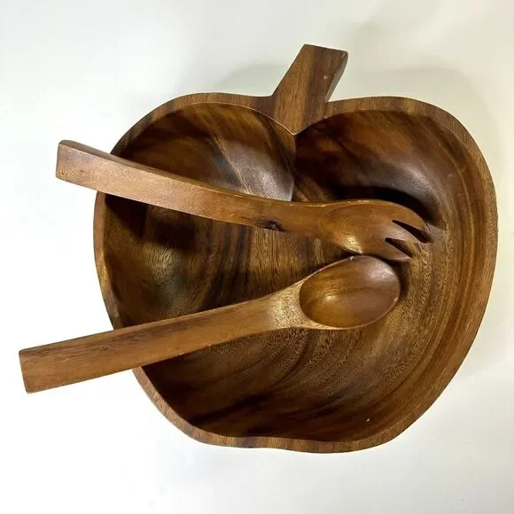 Vintage Wooden‎ Serving Bowl Apple Shaped Fork Spoon Utensils Salad Pumpkin