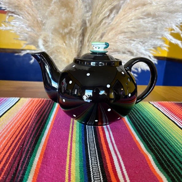 Department 56 Tea Party Black Polka Dot Ceramic Teapot with Teacup Lid Finial