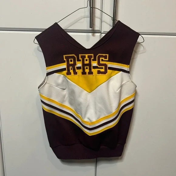 Vintage Dehen RHS Cheerleading Shell Top Burgundy Yellow White Size 34 USA Made