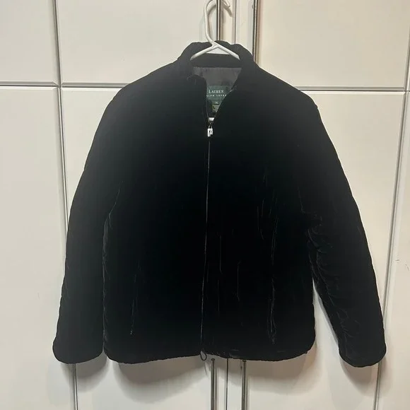 Lauren Ralph Lauren Black Velvet Puffer Jacket Silk Blend Quilted Coat Womens M