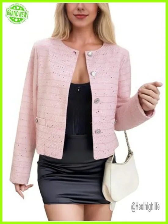 Tweed Blazer Long Sleeve Open Front Lightweight Casual Work Jacket