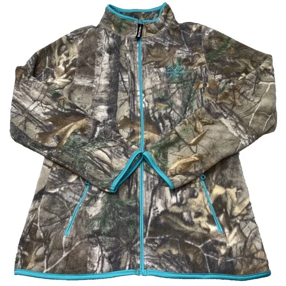 Realtree Xtra Fleece Jacket Women's Sm Full Zip Camo Teal Trim Thumb Holes