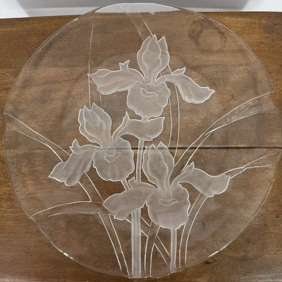 Vintage Dorothy Thorpe Sand Etched Glass‎ Iris Platter MCM Serving Plate 12