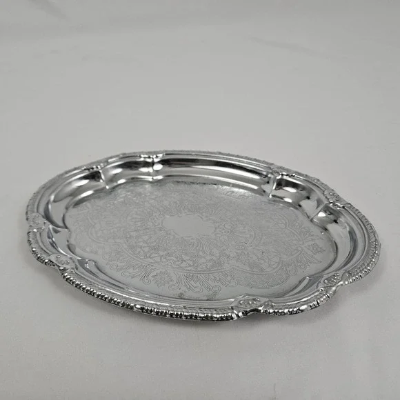Vintage Silver Plate Card Serving Tray Trinket Jewelry Scalloped Edge Hong Kong