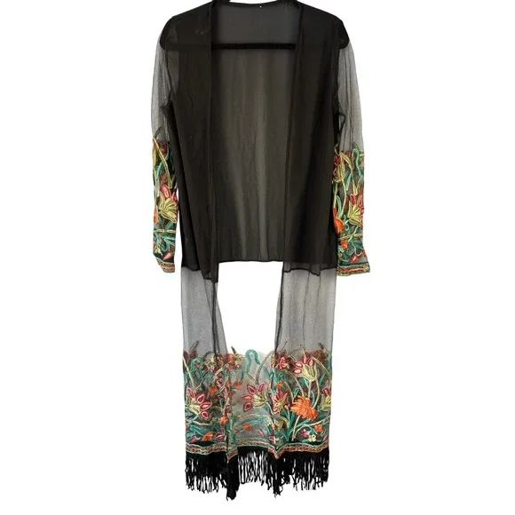 Boho Black Sheer Mesh Heavily Embroidered Duster Kimono‎ Cardigan Fringe Hemline