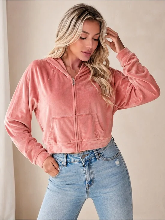 Victoria's Secret Cropped Velour Zip Hoodie - Rose