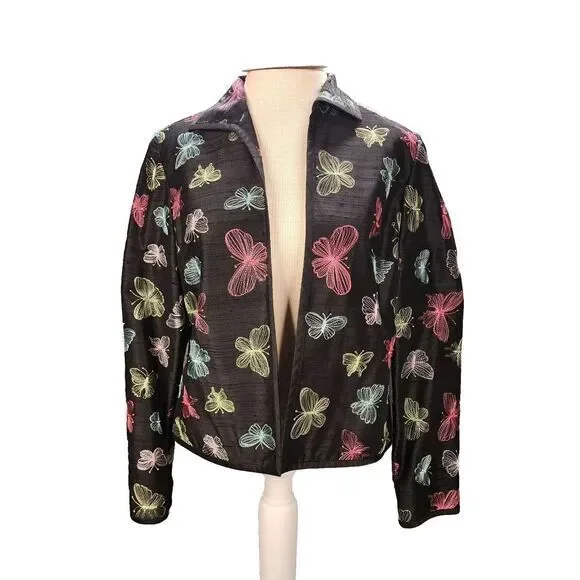 Peck and‎ Peck Vintage Black 100% Silk Open Jacket SZ 6 Embroidered Butterflies