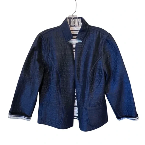 Reversible Navy Blue & Striped Open Front quilted Jacket Women Large (READ)